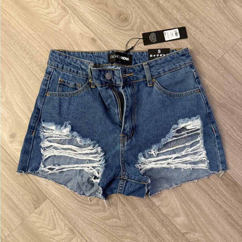 Fashion Nova Blue Distressed Jean Shorts High-Waisted